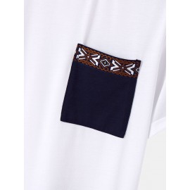 Mens Ethnic Matching Chest Pocket Curved Hem Short Sleeve T-Shirts