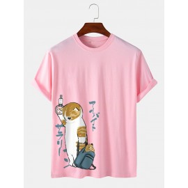Mens Japanese Style Cat Print Crew Neck Cotton Short Sleeve T-Shirts