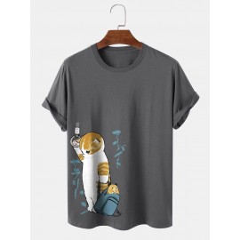 Mens Japanese Style Cat Print Crew Neck Cotton Short Sleeve T-Shirts