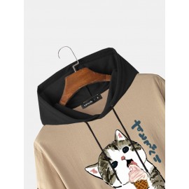 Mens Cute Cat Japanese Print Short Sleeve Drawstring Hooded T-Shirts
