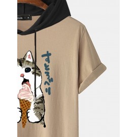 Mens Cute Cat Japanese Print Short Sleeve Drawstring Hooded T-Shirts