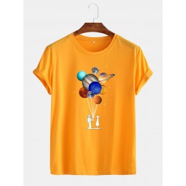 Mens Cotton Astronaut Colorful Planet Print O-Neck Casual Short Sleeve T-Shirts