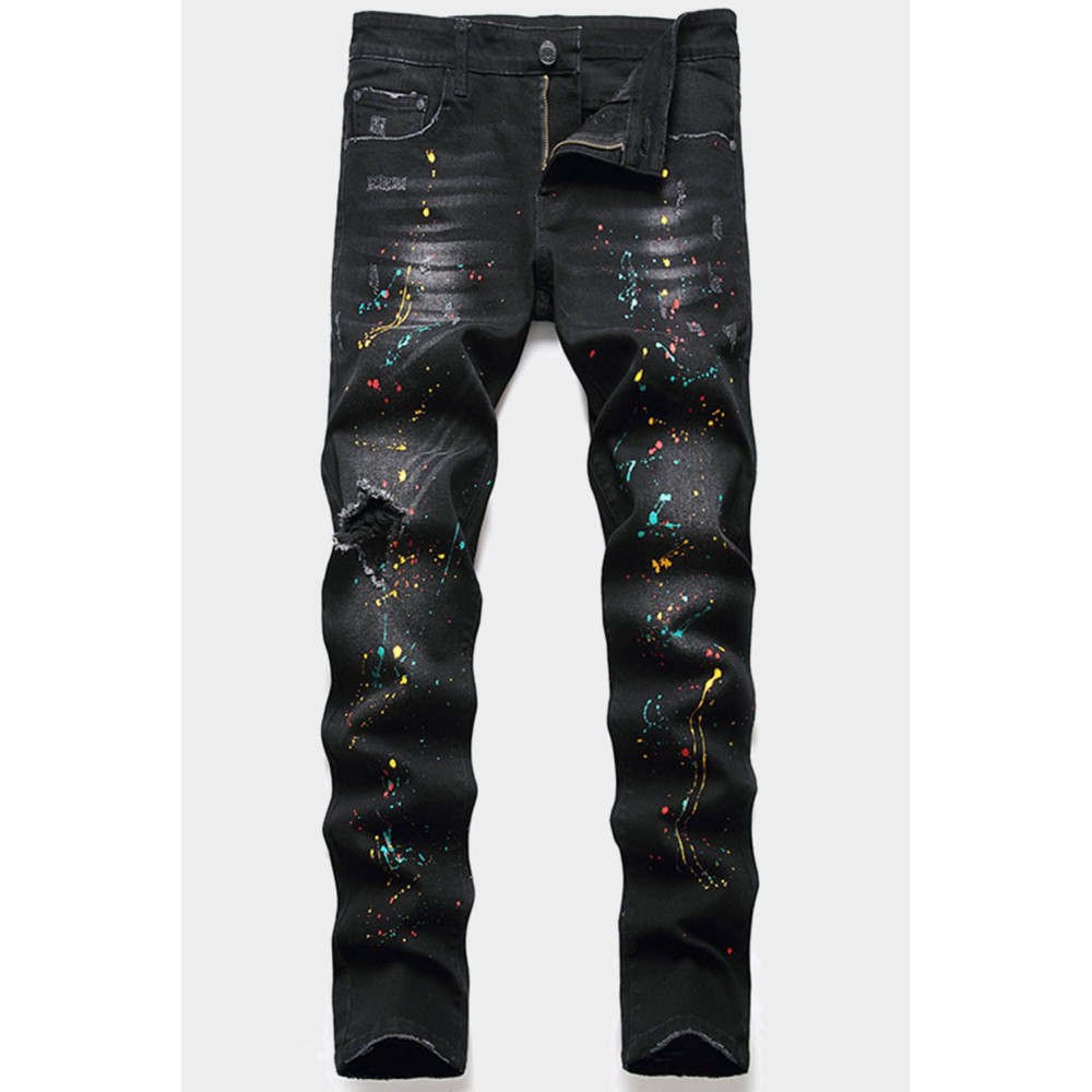 Men's Splash Paint Distressed Slim-fit Jeans