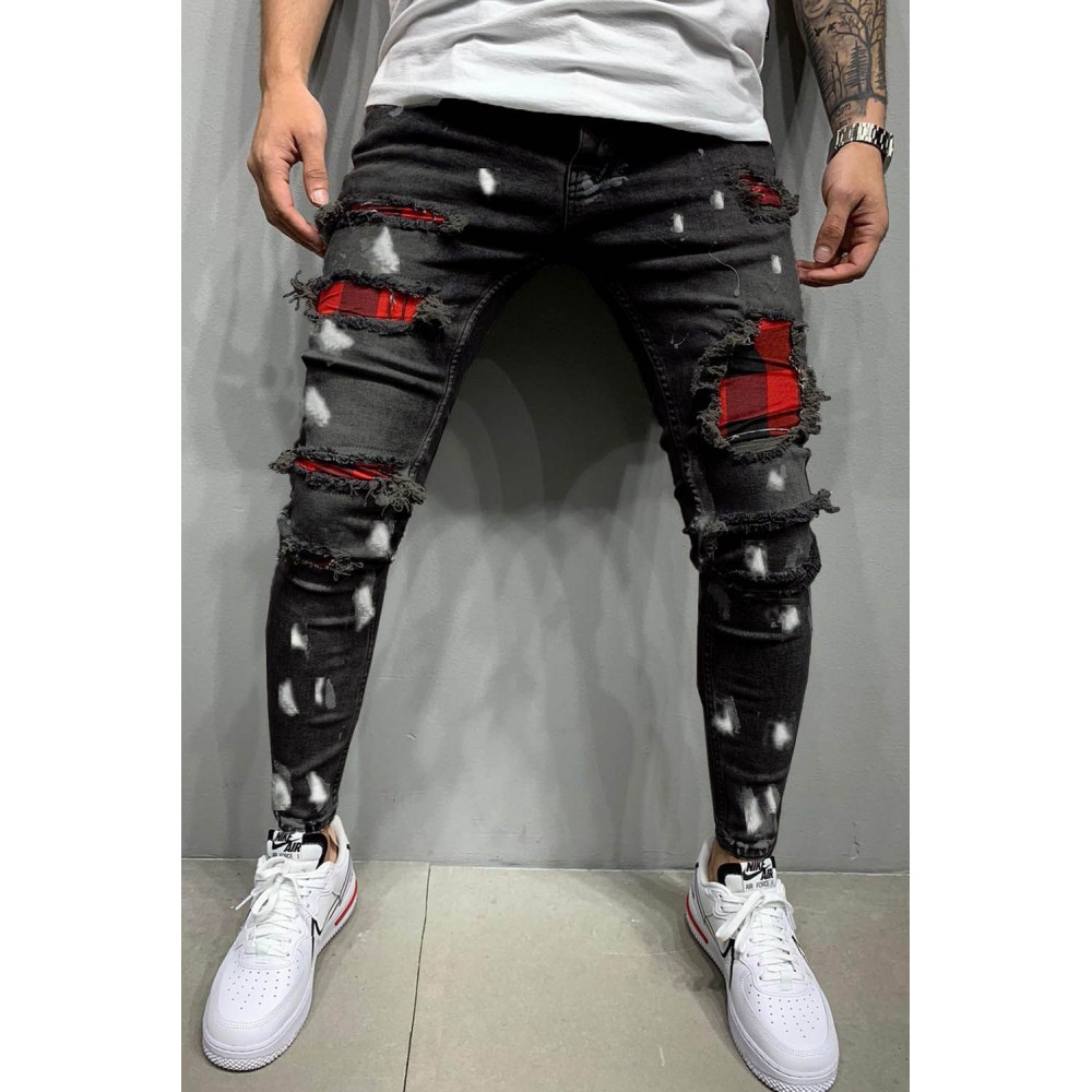 Black Plaid Patchwork Distressed Slim-fit Men's Jeans