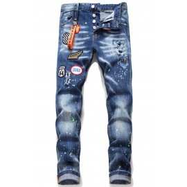 Men's Badge Pattern Patchwork Paint Splash Slim-fit Jeans