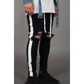 Black Letter Striped Print Ripped Slim-fit Men's Jeans