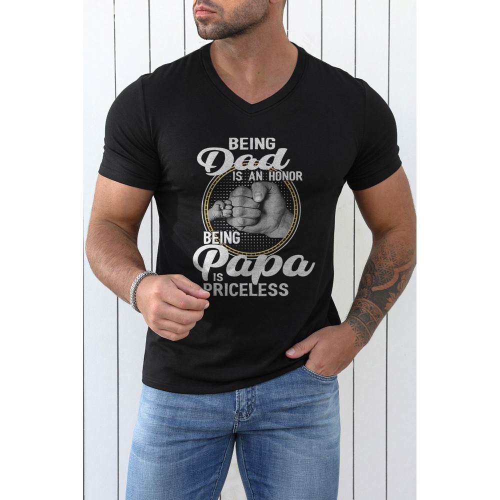 Black Dad Papa Letter Graphic Print Men's V Neck T Shirt