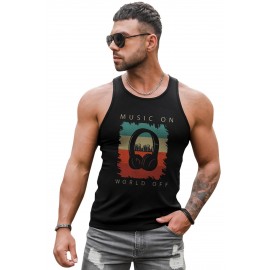 Black Music On World Off Headphone Print Men's Tank Top