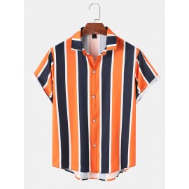Mens Holiday Wide Striped Button Up Short Sleeve Shirts