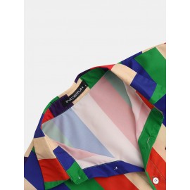 Mens Cool Rainbow Striped Patch Pocket Short Sleeve Shirts